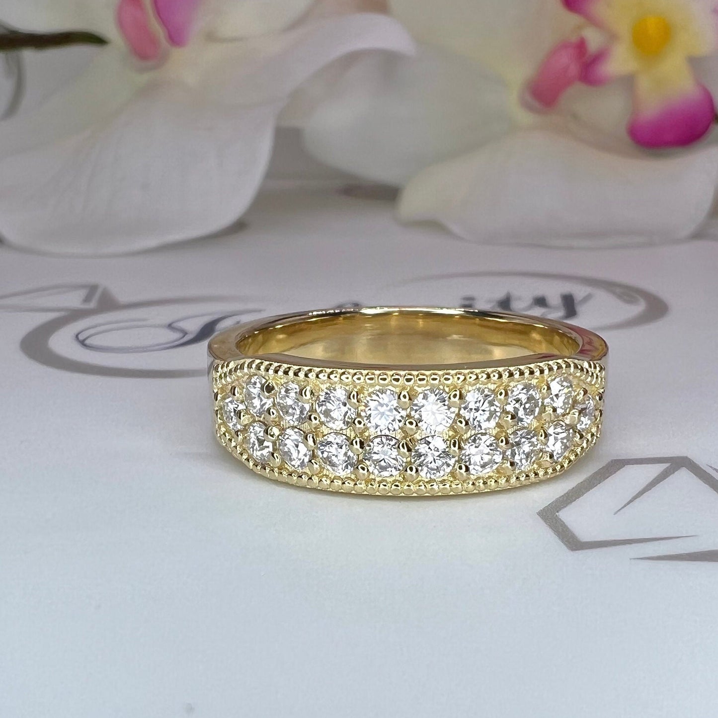 Mens wedding band 14k solid gold, two row mens moissanite wedding band, mens engagement band, mens diamond ring thick half eternity #7927