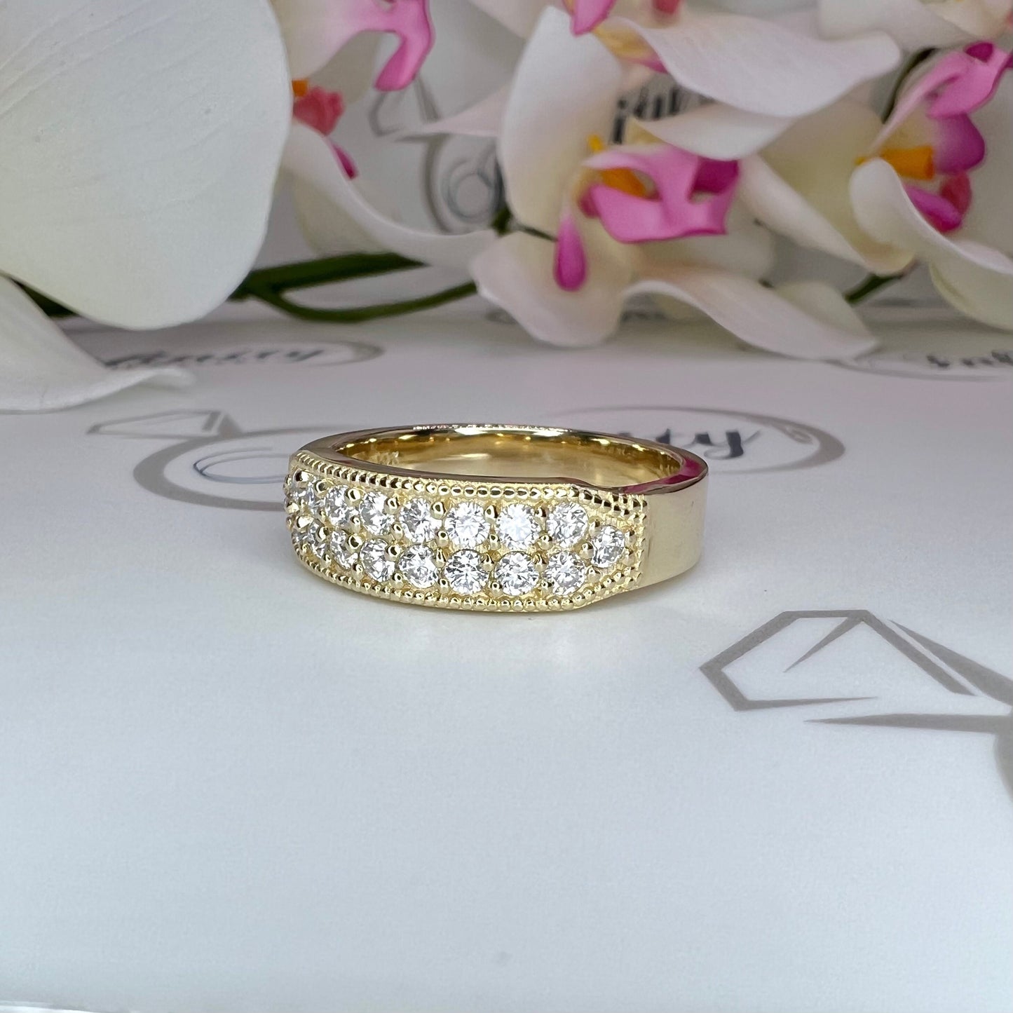 Mens wedding band 14k solid gold, two row mens moissanite wedding band, mens engagement band, mens diamond ring thick half eternity #7927