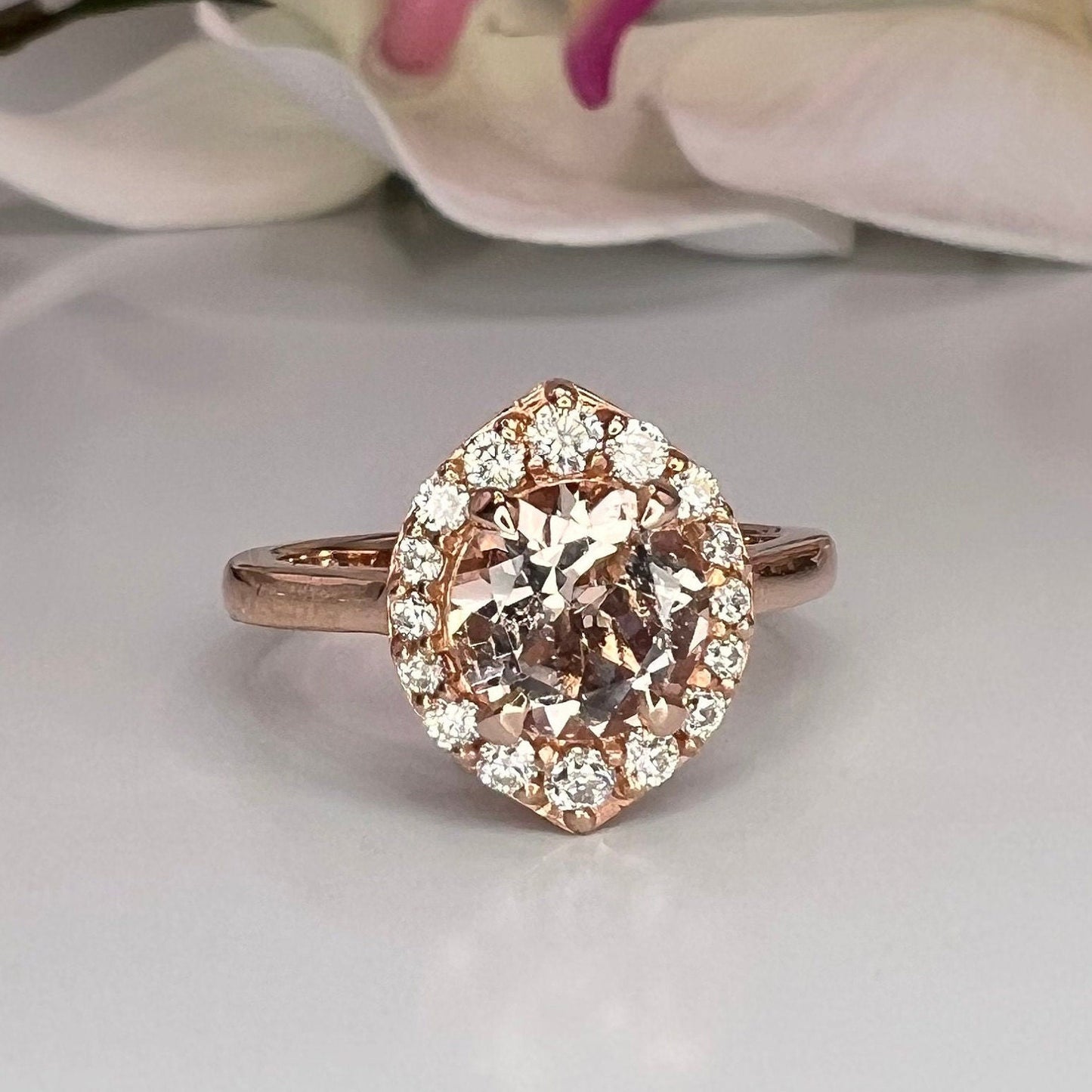 Morganite ring, rose gold ring round shaped genuine morganite engagement ring, Peach morganite ladies wedding anniversary promise ring #6414