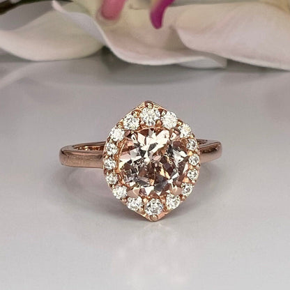 Morganite ring, rose gold ring round shaped genuine morganite engagement ring, Peach morganite ladies wedding anniversary promise ring #6414