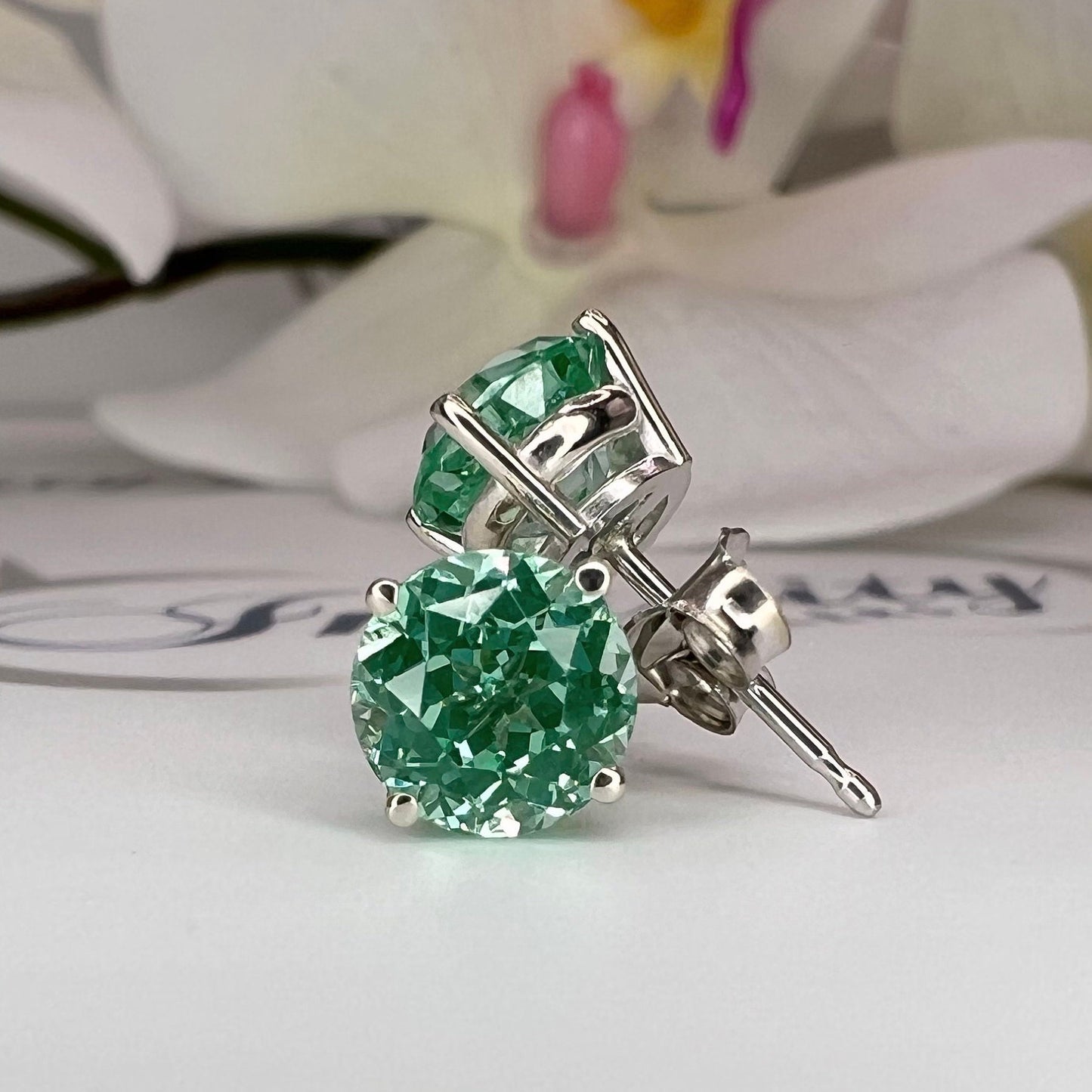 Green Round Stud Earrings, Green Paraiba Extra Facets Earrings, 14K White Gold Studs #6715