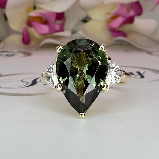 Pear Shape Olive Green Sapphire Engagement Ring White Gold Three Stone Sapphire Engagement ring Unique Wedding Promise Anniversary Ring 7408