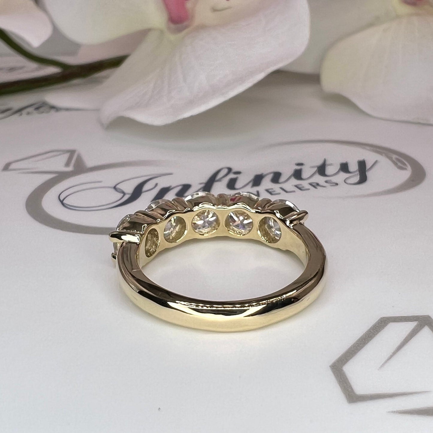 Round 5 Stone Moissanite band 14k white gold, Stacking moissanite wedding band Half eternity moissanite band ring gold matching bands  #7906