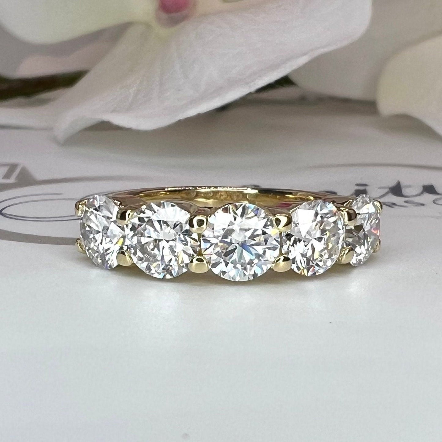 Round 5 Stone Moissanite band 14k white gold, Stacking moissanite wedding band Half eternity moissanite band ring gold matching bands  #7906