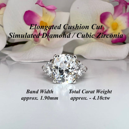Elongated cushion cut engagement ring 14k solid gold,  three stone engagement ring,  Unique vintage wedding anniversary promise ring,  #7907