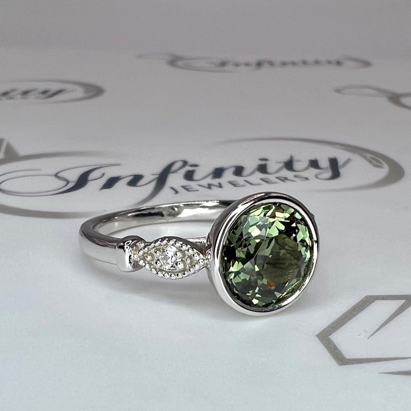 Round Olive Green Sapphire Bezel Set Engagement Ring 14K Yellow Gold Green Sapphire Ladies Ring Unique Vintage Sapphire Promise Ring  #7273