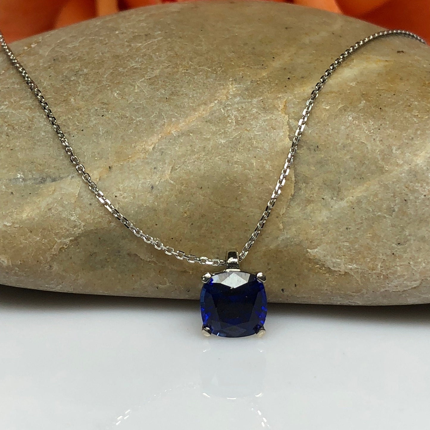 Cushion Cut Blue Sapphire Pendant Necklace For Women  14k Solid White Gold, Simple Sapphire Cushion Cut Pendant Necklace With Chain   #5692