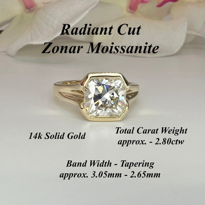 Radiant cut moissanite engagement ring 14k solid gold, bezel set moissanite solitaire wedding ring, Unique half bezel moissanite ring #7934