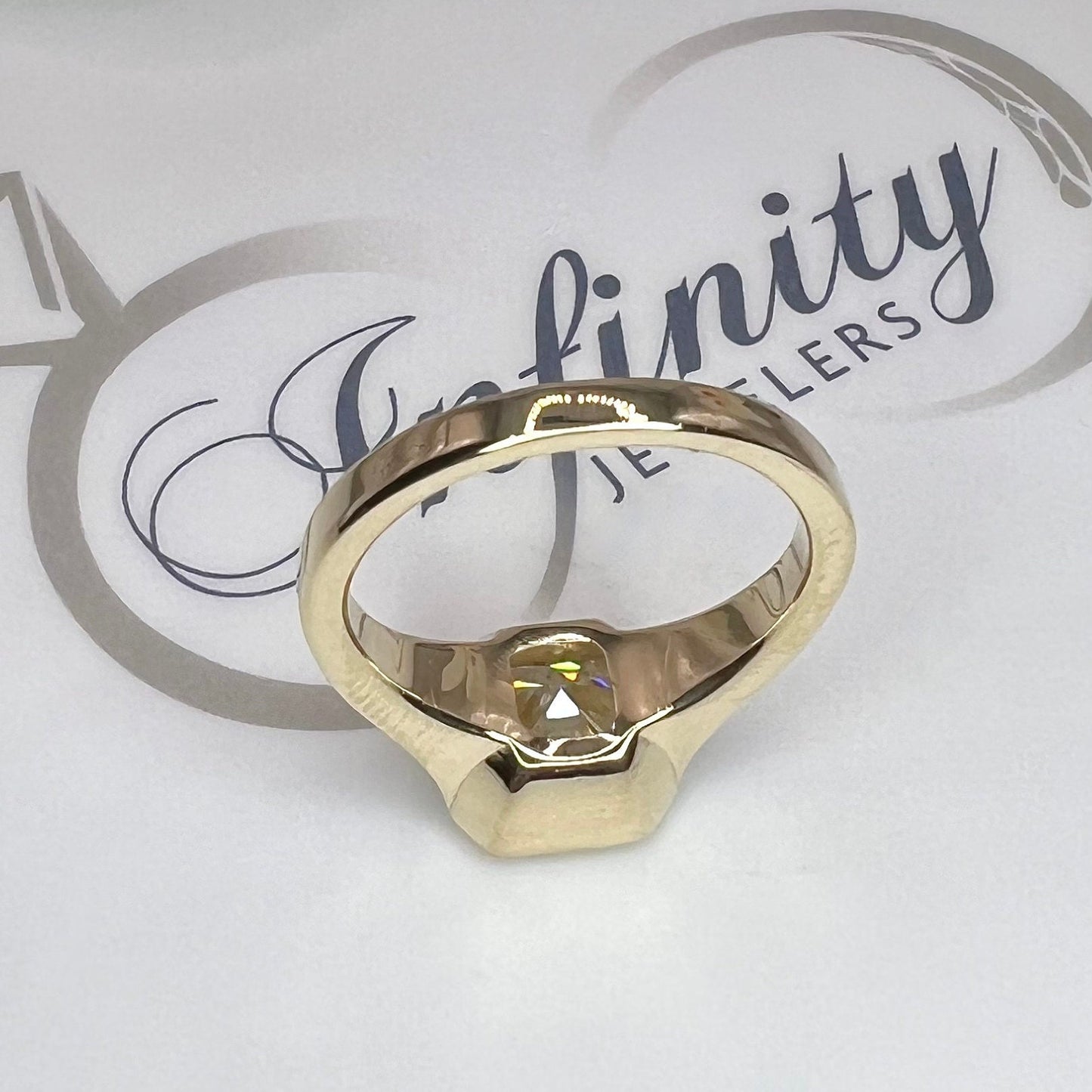Radiant cut moissanite engagement ring 14k solid gold, bezel set moissanite solitaire wedding ring, Unique half bezel moissanite ring #7934