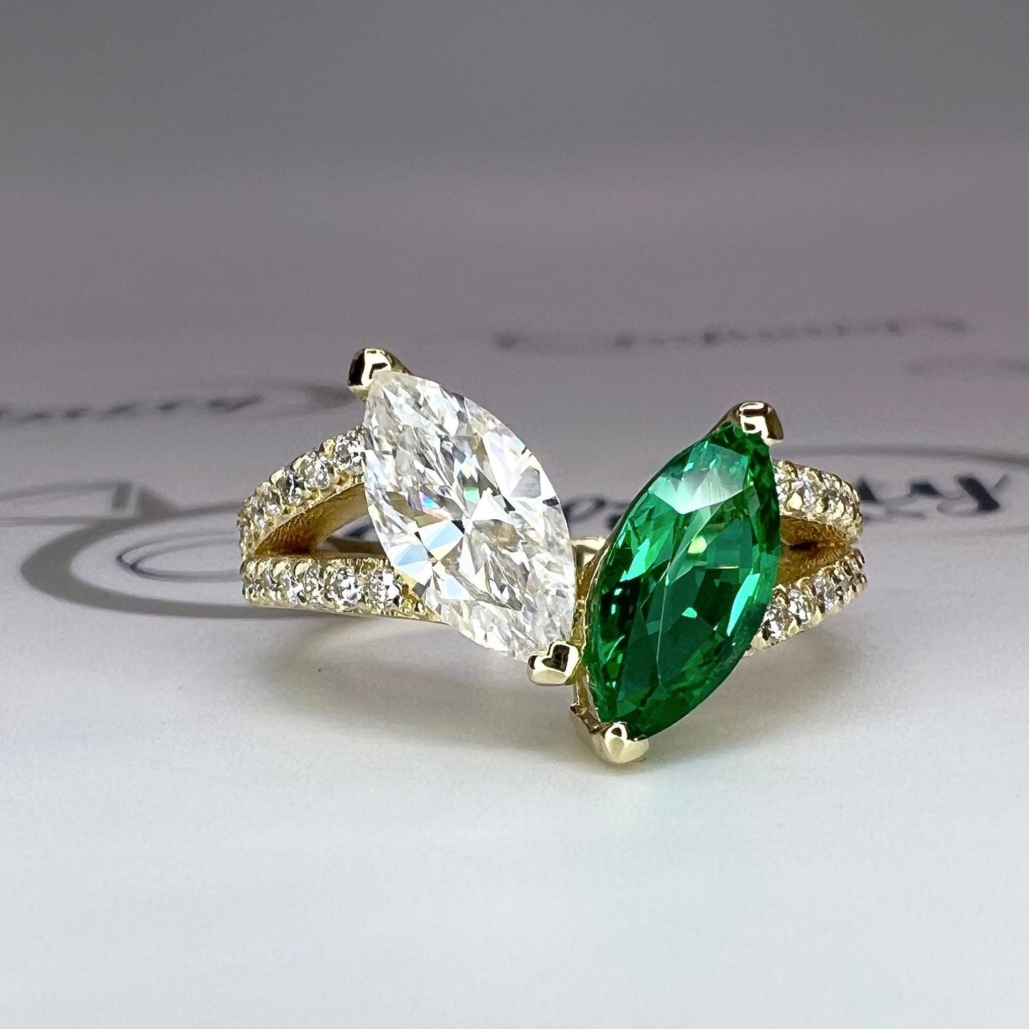 Toi et Moi Ring, Two Stone Engagement Ring Birthstone Ring Emerald Marquis and Moissanite Unique Engagement Ring Anniversary Ring  Love Ring