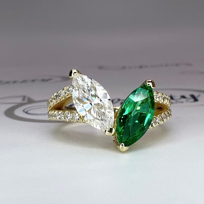 Toi et Moi Ring, Two Stone Engagement Ring Birthstone Ring Emerald Marquis and Moissanite Unique Engagement Ring Anniversary Ring  Love Ring