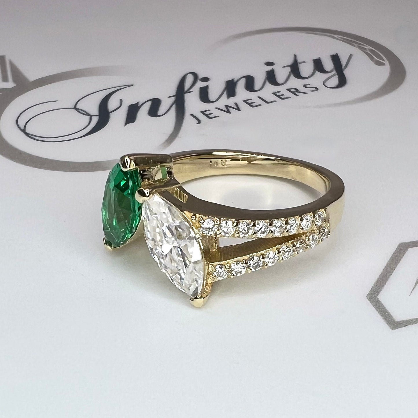 Toi et Moi Ring, Two Stone Engagement Ring Birthstone Ring Emerald Marquis and Moissanite Unique Engagement Ring Anniversary Ring  Love Ring