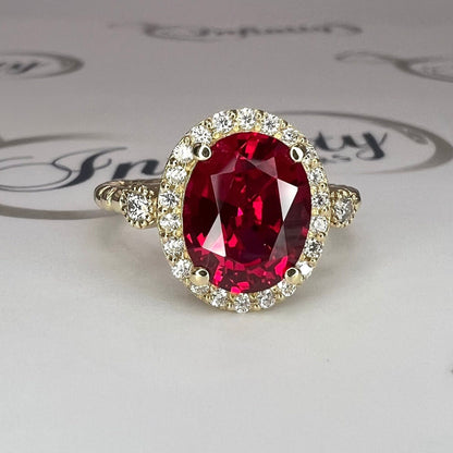 Vintage Ruby Oval Cut Engagement Ring 14K Solid Yellow Gold Unique Gold Ruby Ring With Moissanite Halo Anniversary Promise Wedding Ring 7384