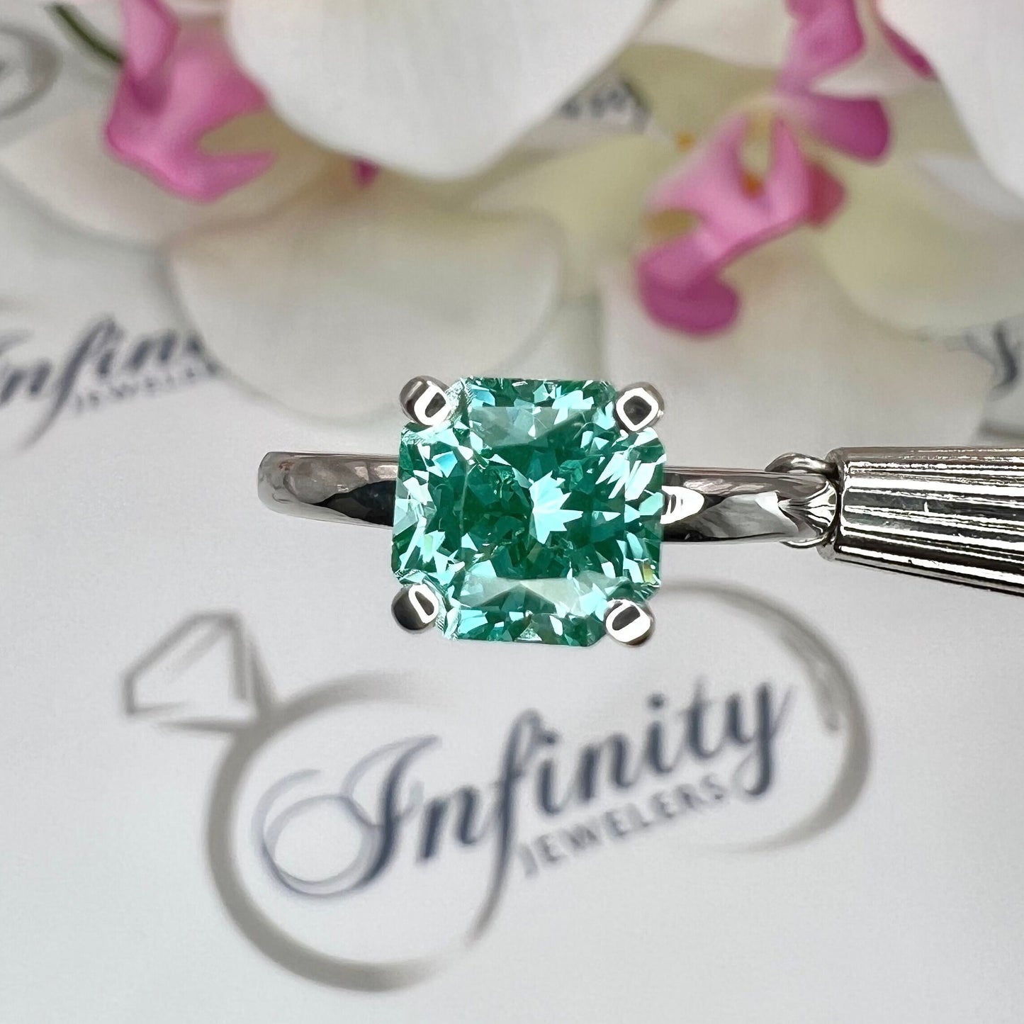 Radiant cut teal paraiba tourmaline engagement ring 14k solid gold, green tourmaline wedding ring, Solitaire paraiba proposal rings, #7939