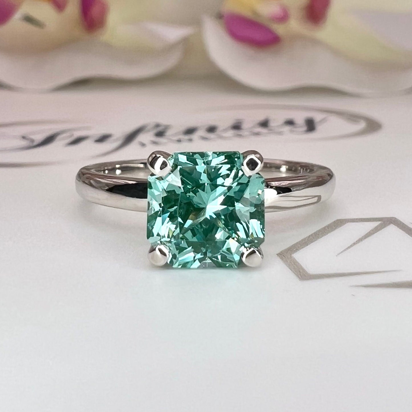 Radiant cut teal paraiba tourmaline engagement ring 14k solid gold, green tourmaline wedding ring, Solitaire paraiba proposal rings, #7939