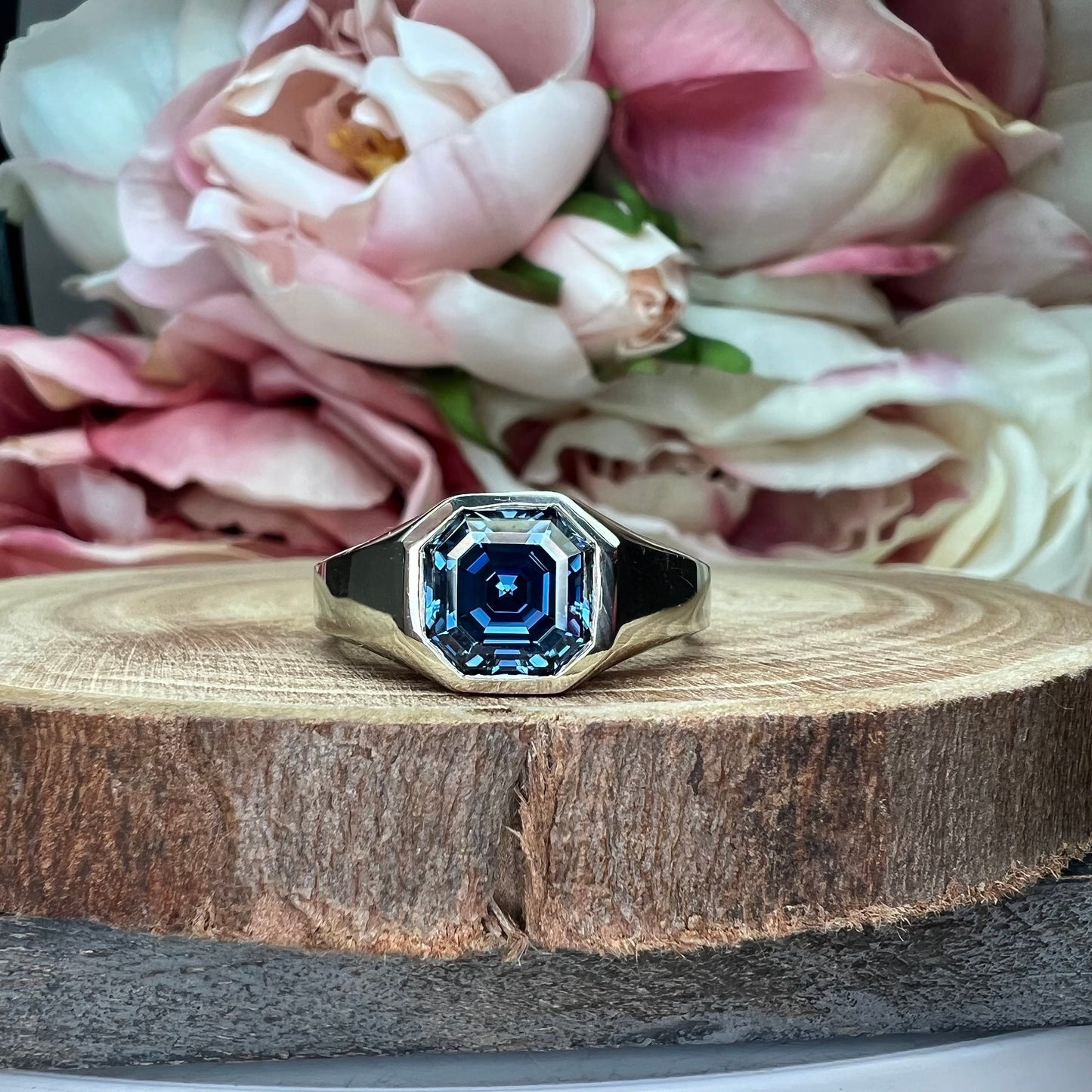 Mens moissanite diamond wedding ring 14k white gold, unique moissanite mens ring, asscher cut mens anniversary gift, mans band ring,   #7505