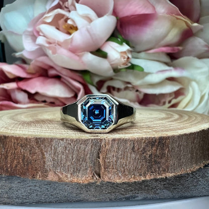 Mens moissanite diamond wedding ring 14k white gold, unique moissanite mens ring, asscher cut mens anniversary gift, mans band ring,   #7505