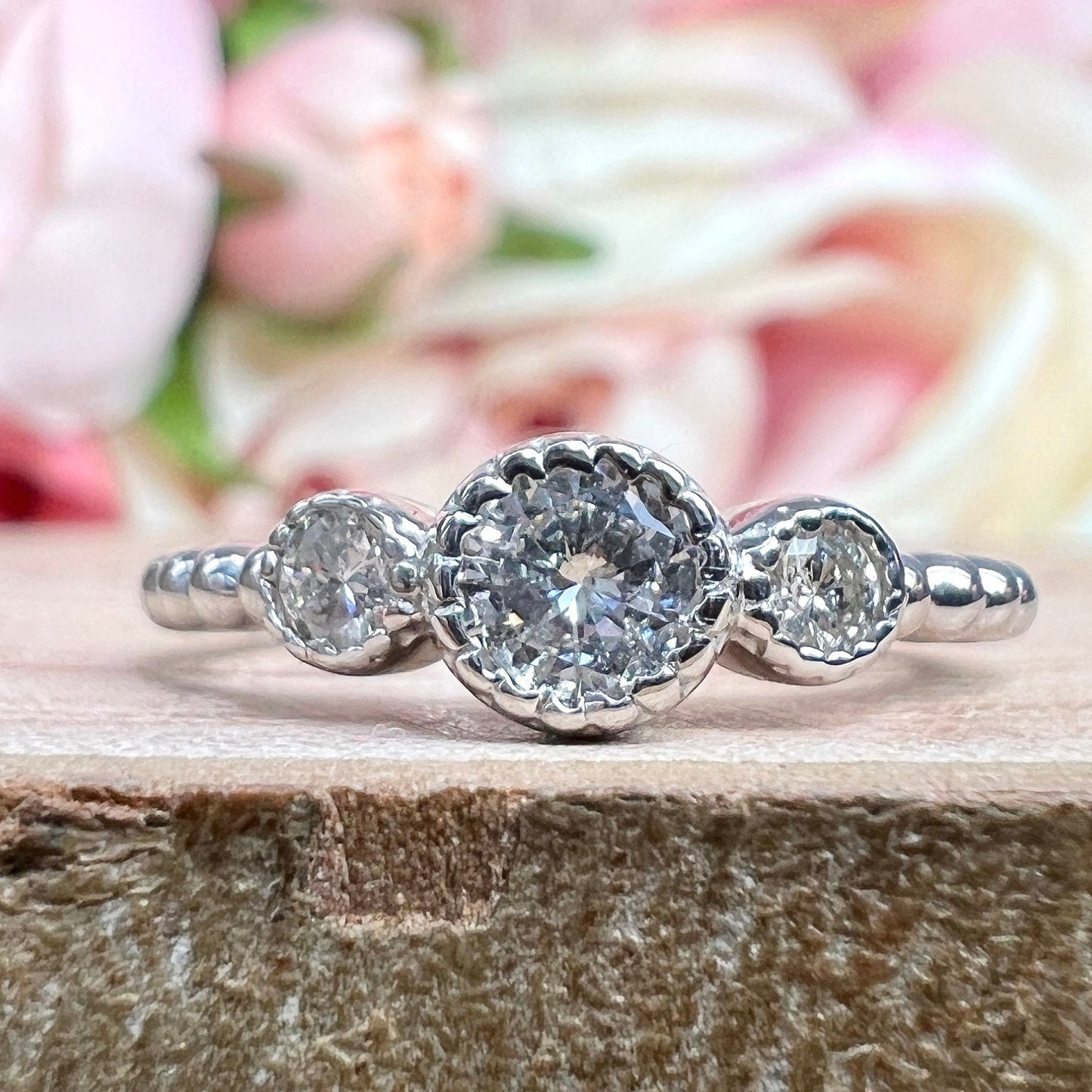 Three Stone Diamond Engagement ring  14K Solid Gold Three Stone Round Brilliant Cut Dainty Engagement Ring, Stacking Minimalist Diamond Ring