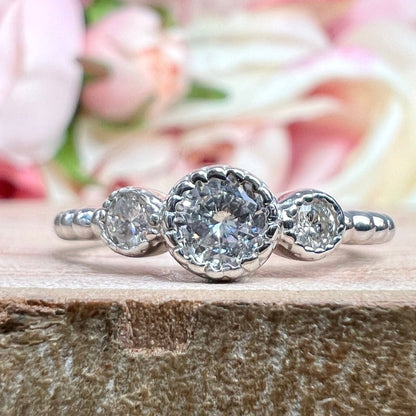 Three Stone Diamond Engagement ring  14K Solid Gold Three Stone Round Brilliant Cut Dainty Engagement Ring, Stacking Minimalist Diamond Ring