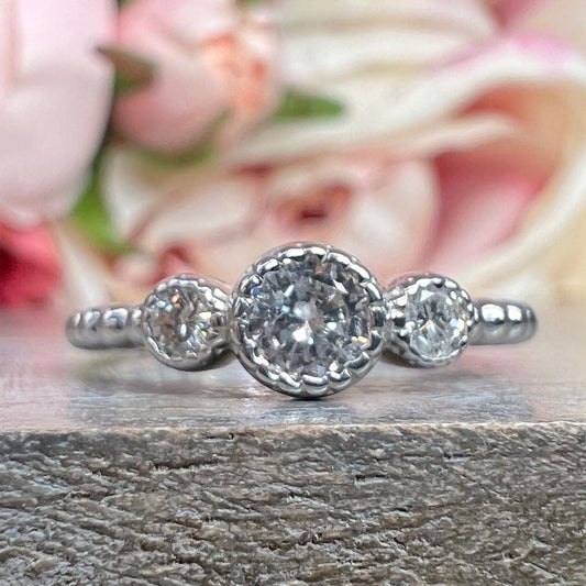 Three Stone Diamond Engagement ring  14K Solid Gold Three Stone Round Brilliant Cut Dainty Engagement Ring, Stacking Minimalist Diamond Ring