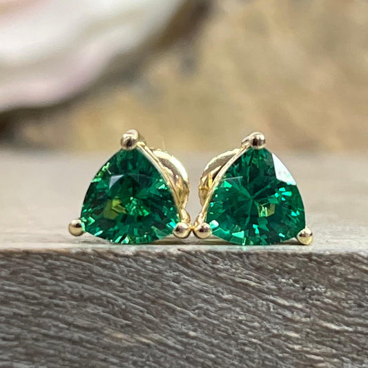 Trillion Shape Emerald  Stud Earrings 14K White Gold, Triangle Shape Stud Earrings Unisex Holiday Earrings Simple Emerald Stud Earrings 7240