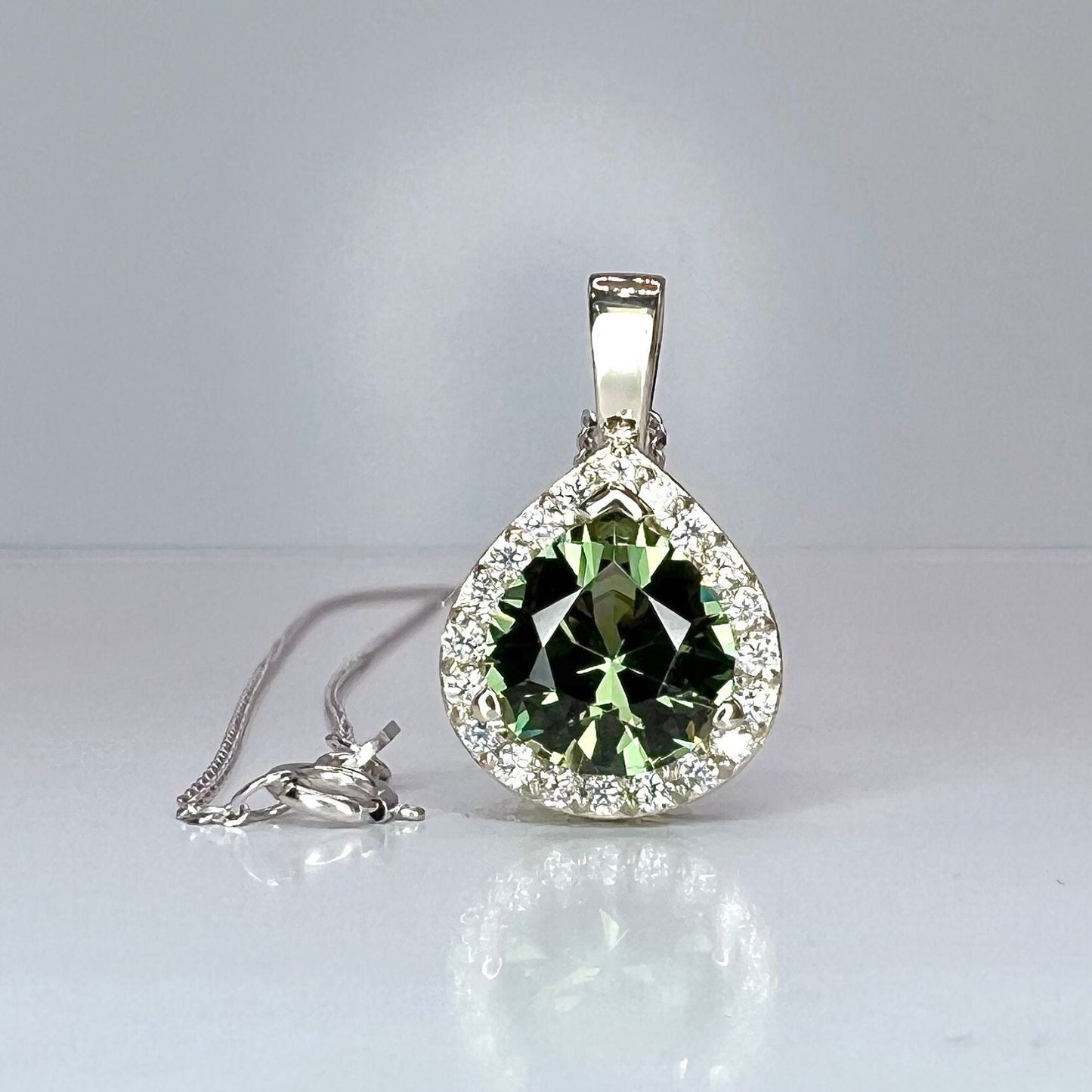 Teardrop Pendant Necklace 14K Solid Gold, Pear Shaped Olive Green Sapphire and Moissanite Pendant Necklace, Birthstone Gem Necklace,  #7917