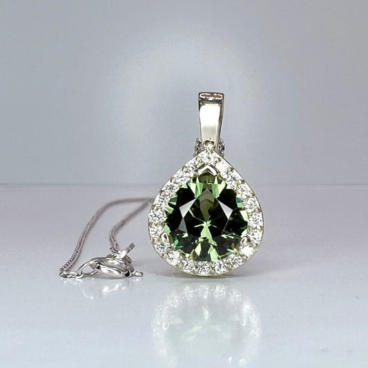Teardrop Pendant Necklace 14K Solid Gold, Pear Shaped Olive Green Sapphire and Moissanite Pendant Necklace, Birthstone Gem Necklace,  #7917