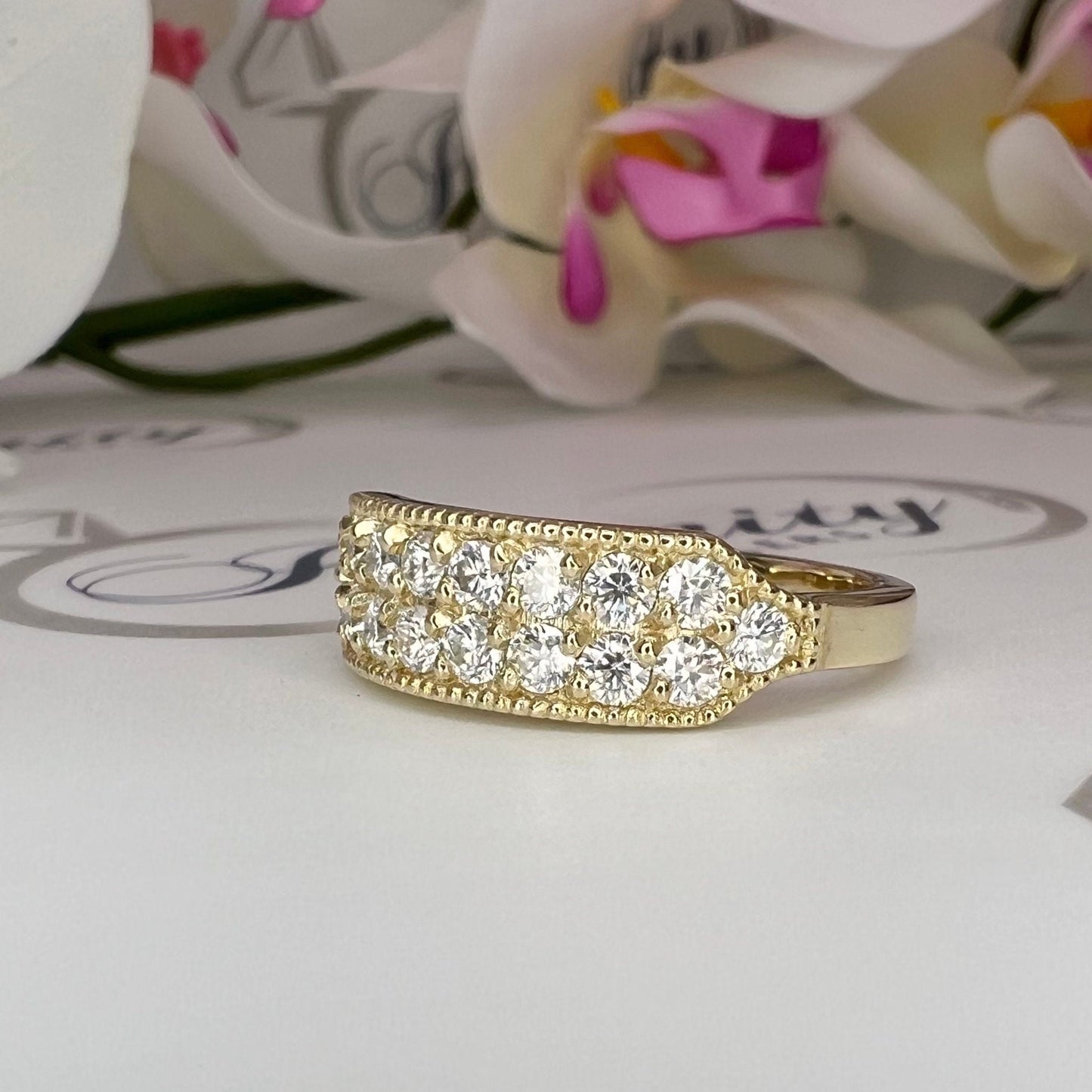 His and Hers wedding band 14k solid gold, two row moissanite wedding band, Unique couples wedding bands, diamond ring half eternity #7928