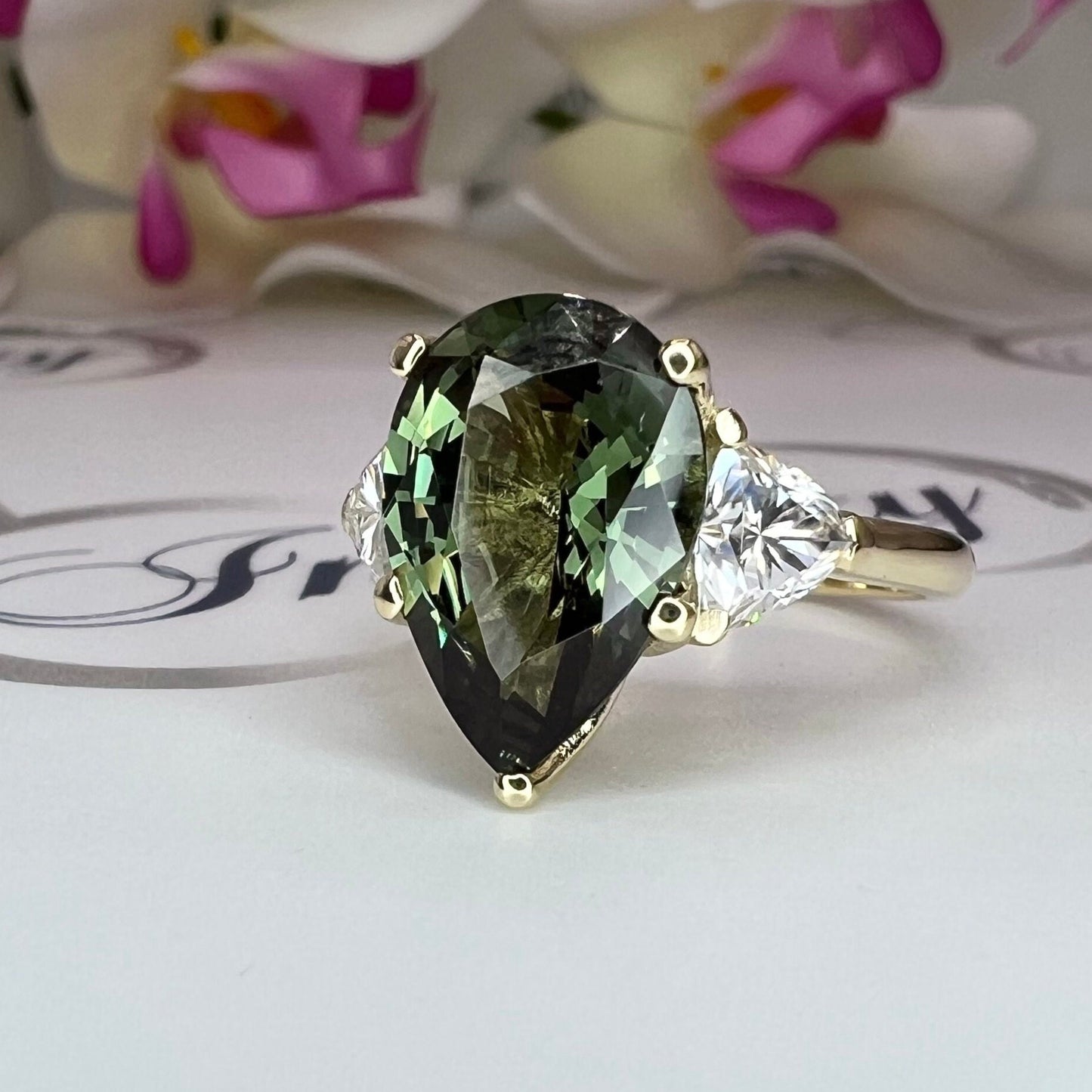 Pear Shape Olive Green Sapphire Engagement Ring White Gold Three Stone Sapphire Engagement ring Unique Wedding Promise Anniversary Ring 7408