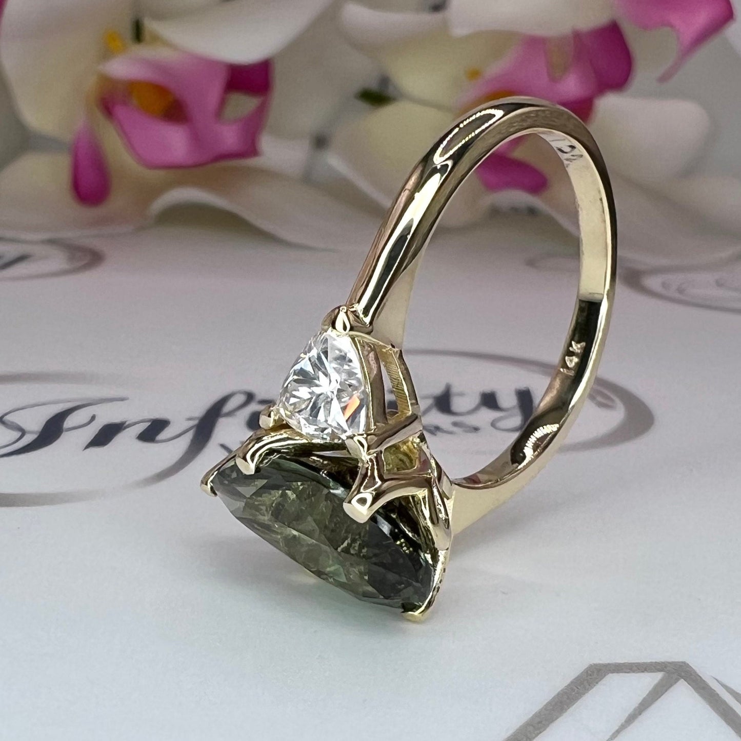 Pear Shape Olive Green Sapphire Engagement Ring White Gold Three Stone Sapphire Engagement ring Unique Wedding Promise Anniversary Ring 7408
