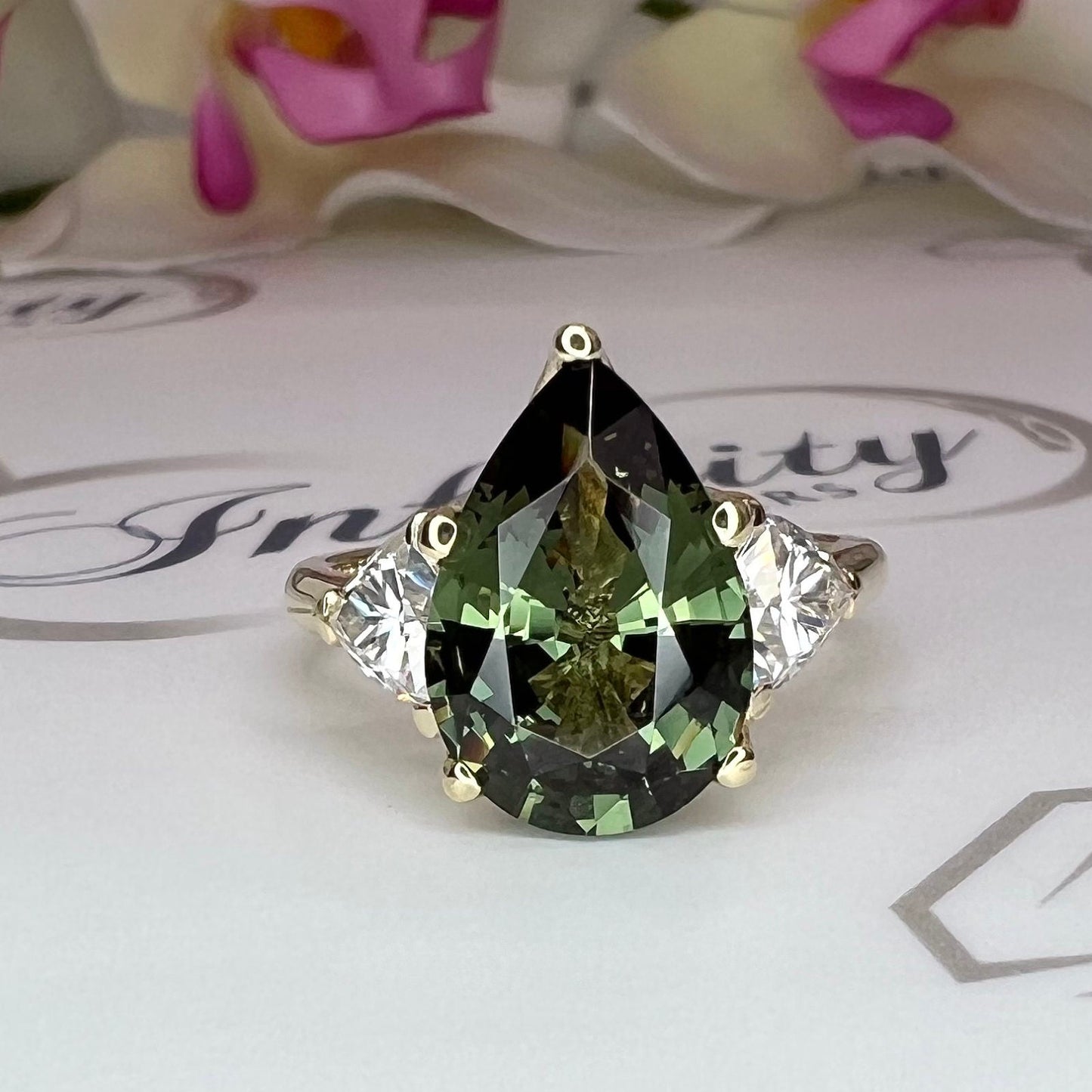 Pear Shape Olive Green Sapphire Engagement Ring White Gold Three Stone Sapphire Engagement ring Unique Wedding Promise Anniversary Ring 7408