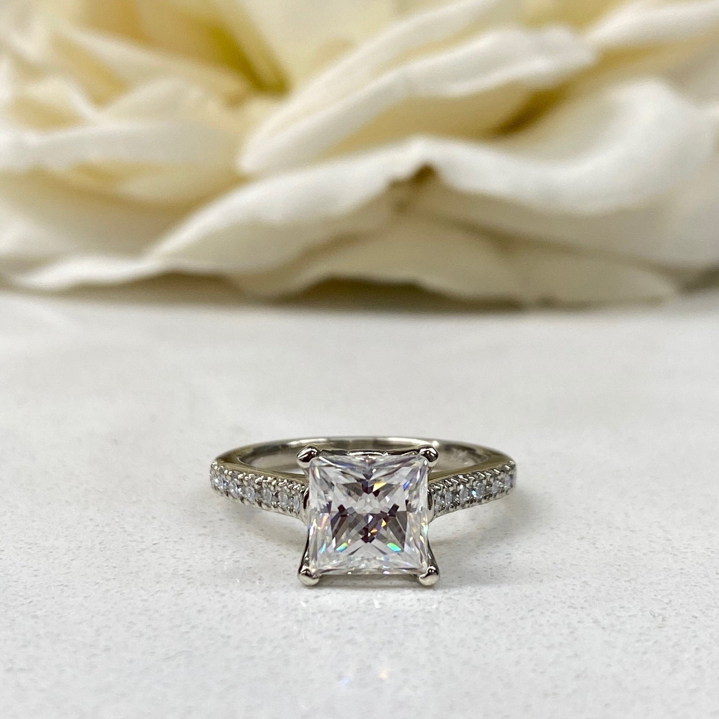 Moissanite Engagement Ring Princess Cut 14K Solid White Gold, Simple Moissanite Engagement Ring For Ladies Solitaire Princess Cut Ring, 7135