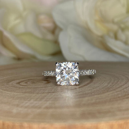 Moissanite Cushion Cut Engagement Ring 14K White Gold Cushion Solitaire Engagement Ring Forever One Simple Solitaire Engagement Ring #7275