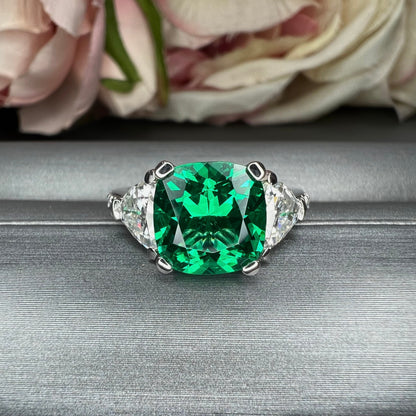 Cushion Cut Green Emerald Engagement Ring, Three Stone Ring, Moissanite Ladies Ring,  Cushion Cut Ring With Moissanite Trillion Sides #6851