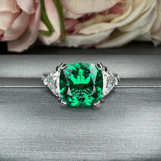 Cushion Cut Green Emerald Engagement Ring, Three Stone Ring, Moissanite Ladies Ring,  Cushion Cut Ring With Moissanite Trillion Sides #6851