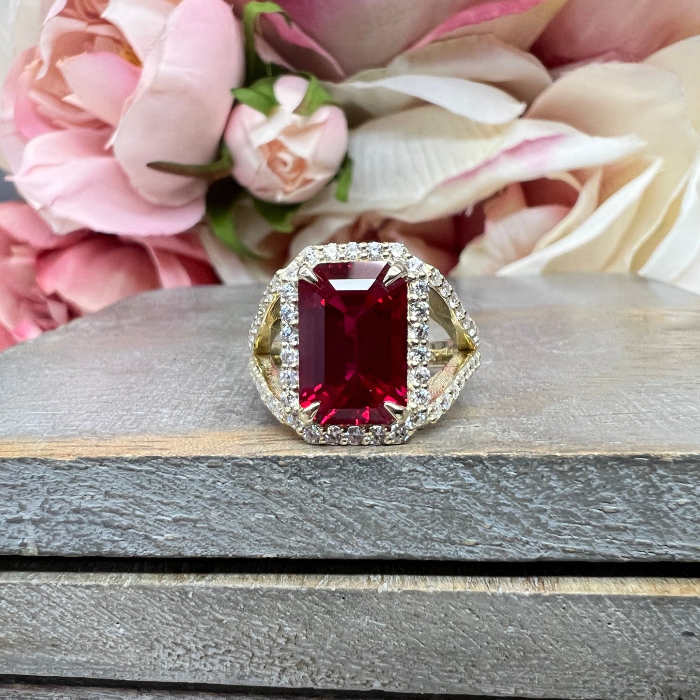 Emerald Cut Ruby and Moissanite Engagement Ring 14K Yellow Gold Unique Vintage Style Emerald Cut Halo Engagement Rings Heavy Gold Ring #7481
