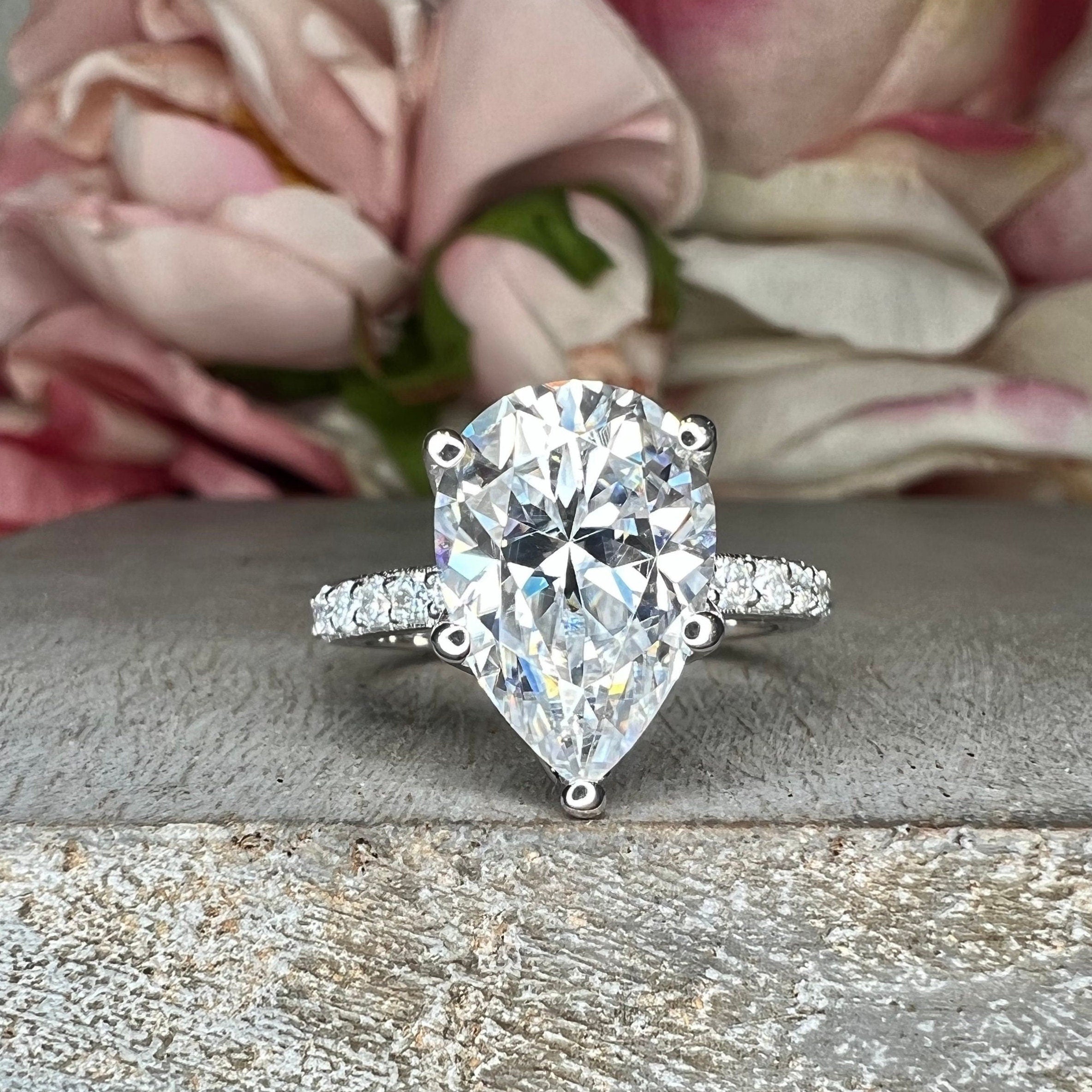 Moissanite Pear Shape Engagement Ring with Round Accents Moissanite Solitaire Ring Anniversary Gift Solid 14K Yellow Gold 5148 6881 7 3 4 14K
