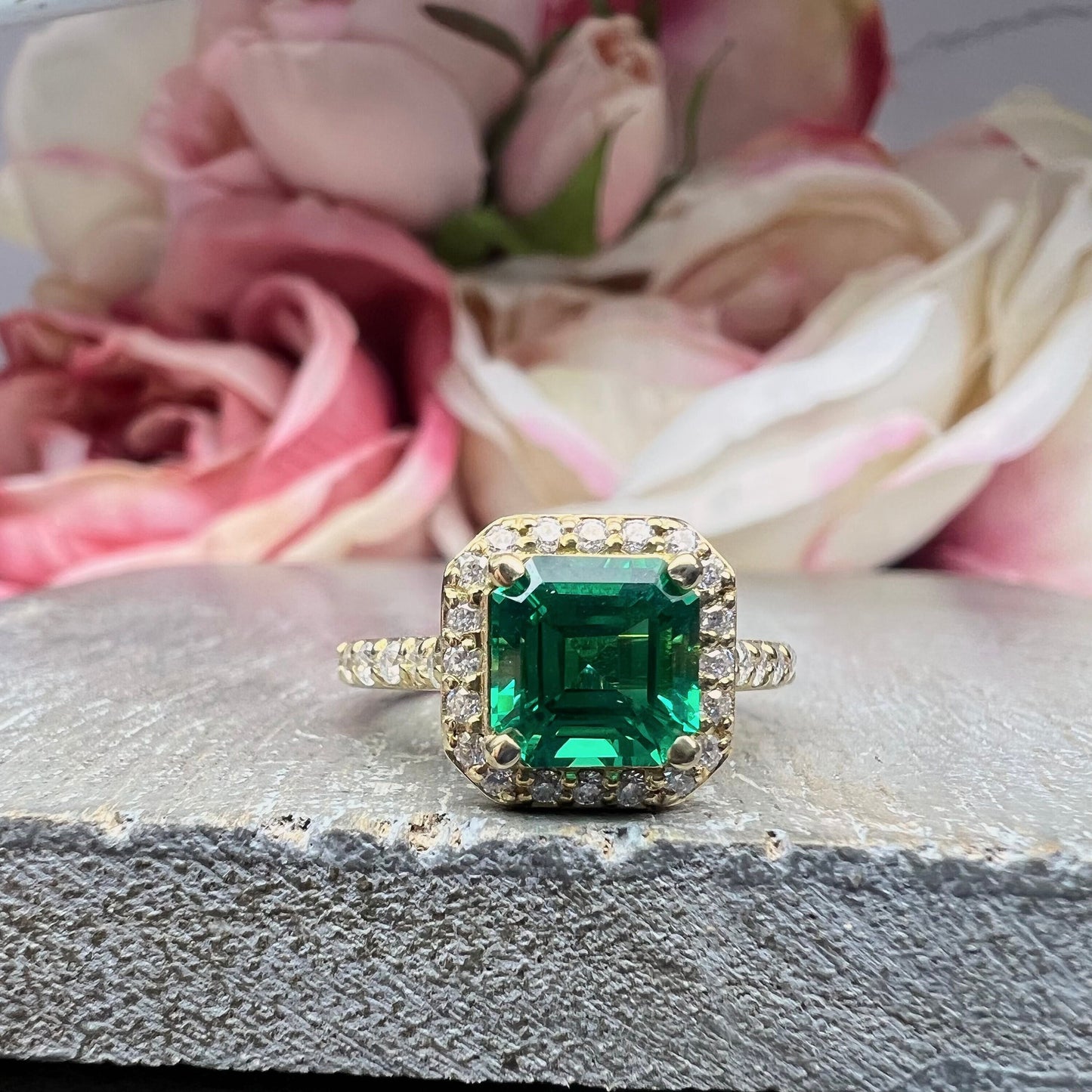 Emerald Engagement Rings For Women 14k Solid Yellow Gold, Asscher Shaped Emerald Engagement Rings, Simple Emerald and Moissanite Ring, #6255