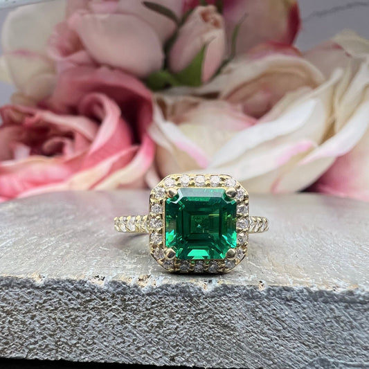 Emerald Engagement Rings For Women 14k Solid Yellow Gold, Asscher Shaped Emerald Engagement Rings, Simple Emerald and Moissanite Ring, #6255