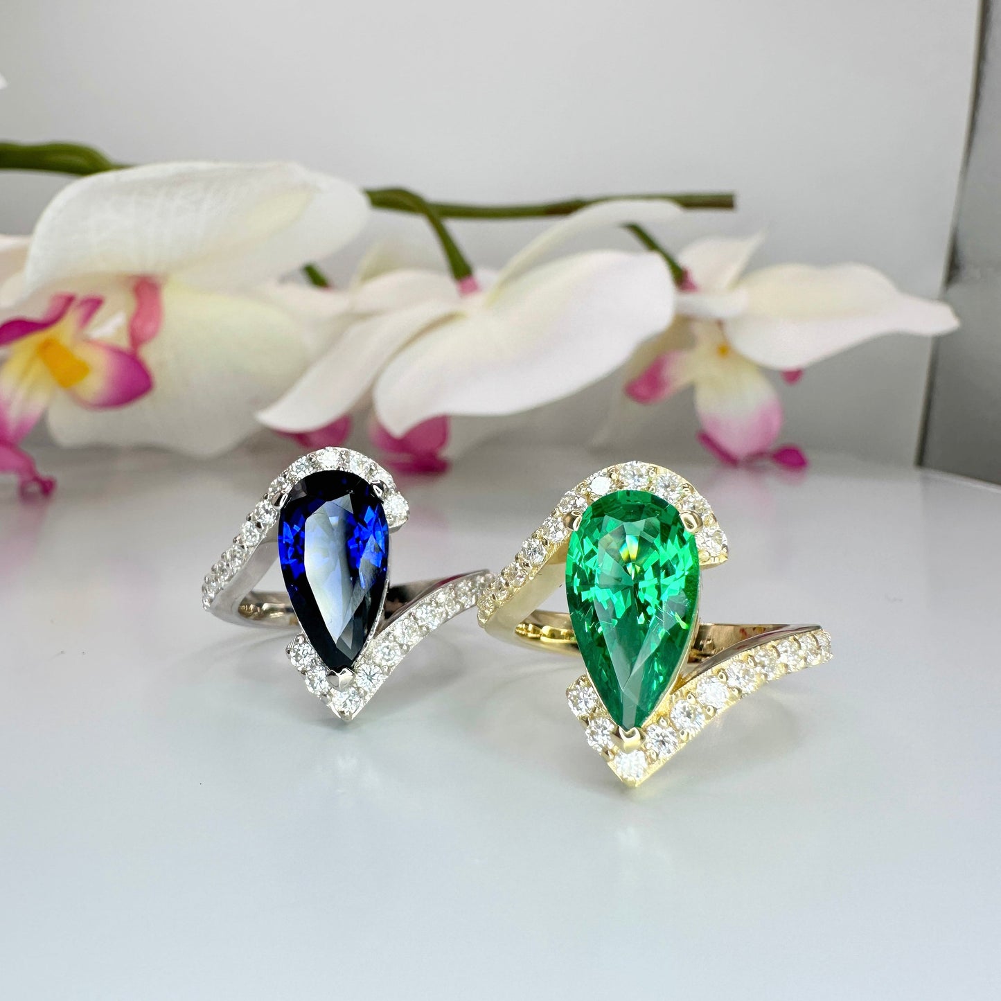 Green Emerald pear cut engagement ring 14k solid gold, Unique September birthstone anniversary ring, something blue bridal jewelry handmade,