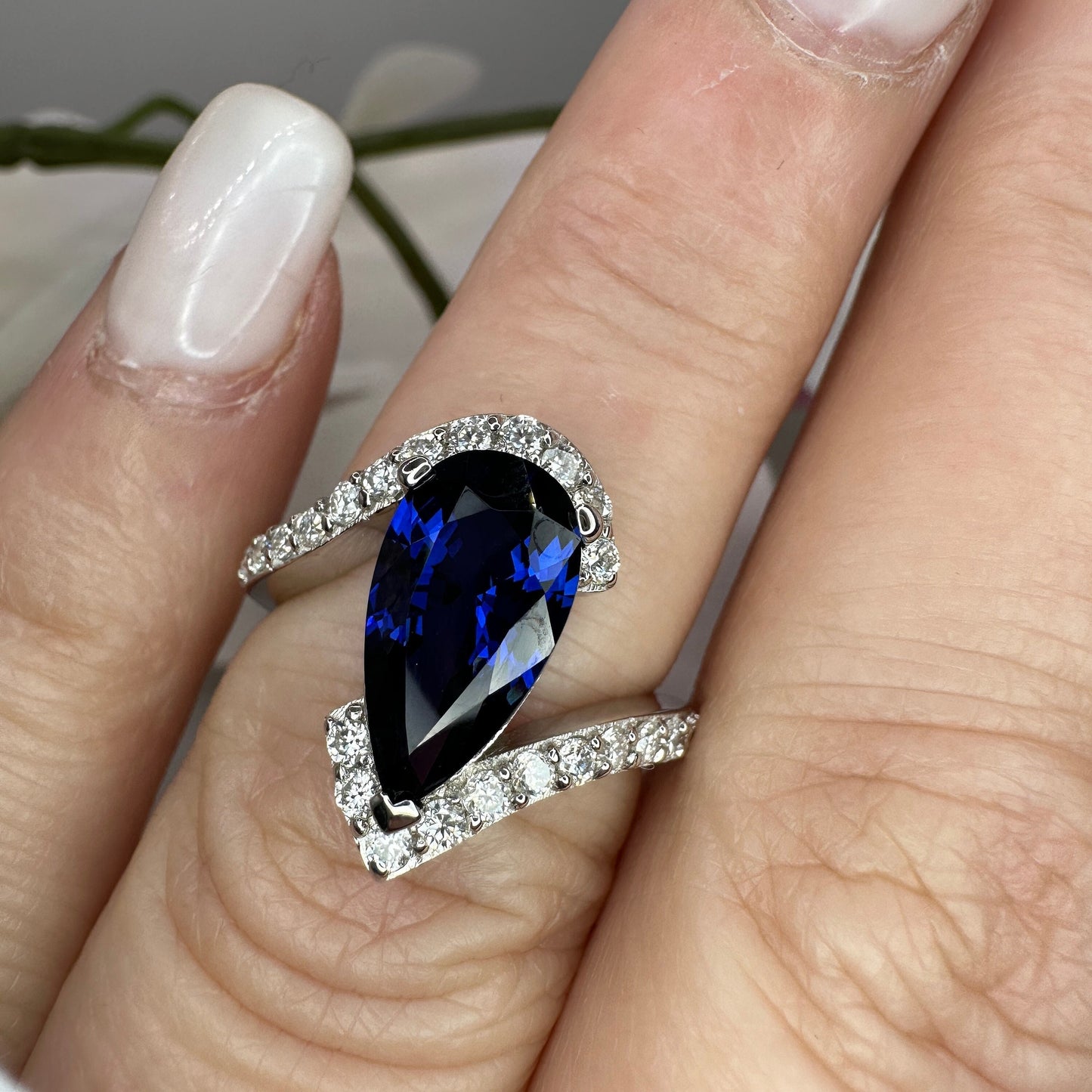 Pear blue sapphire engagement ring 14k solid gold, Unique September birthstone anniversary ring, something blue bridal jewelry handmade,