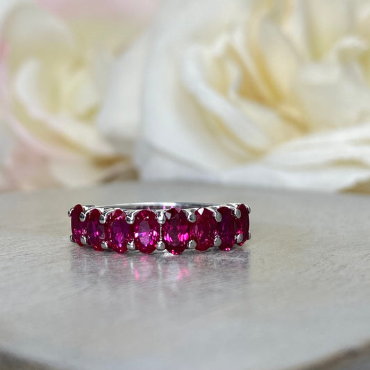 Oval Cut Ruby Eight Stone Wedding Band 14K Yellow Gold Half Eternity Wedding Band Rubies Ladies Rudy Promise Anniversary Wedding Bands #6366
