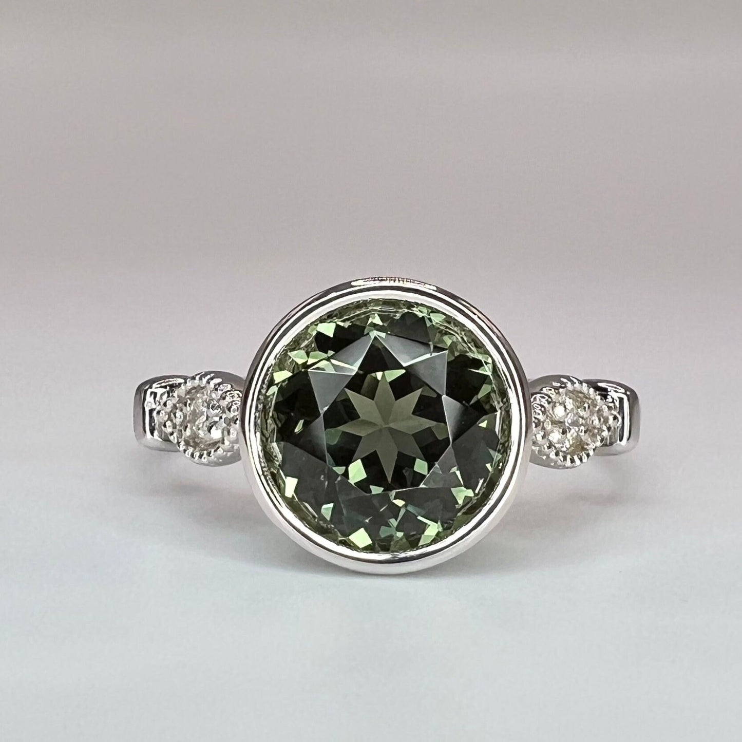 Round Olive Green Sapphire Bezel Set Engagement Ring 14K Yellow Gold Green Sapphire Ladies Ring Unique Vintage Sapphire Promise Ring  #7273
