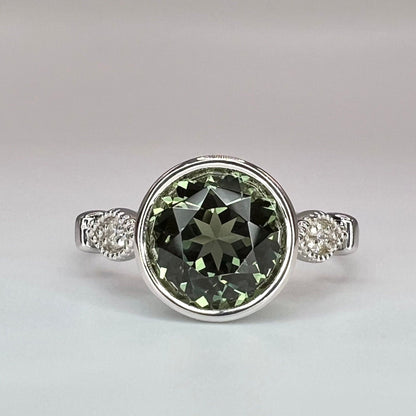 Round Olive Green Sapphire Bezel Set Engagement Ring 14K Yellow Gold Green Sapphire Ladies Ring Unique Vintage Sapphire Promise Ring  #7273