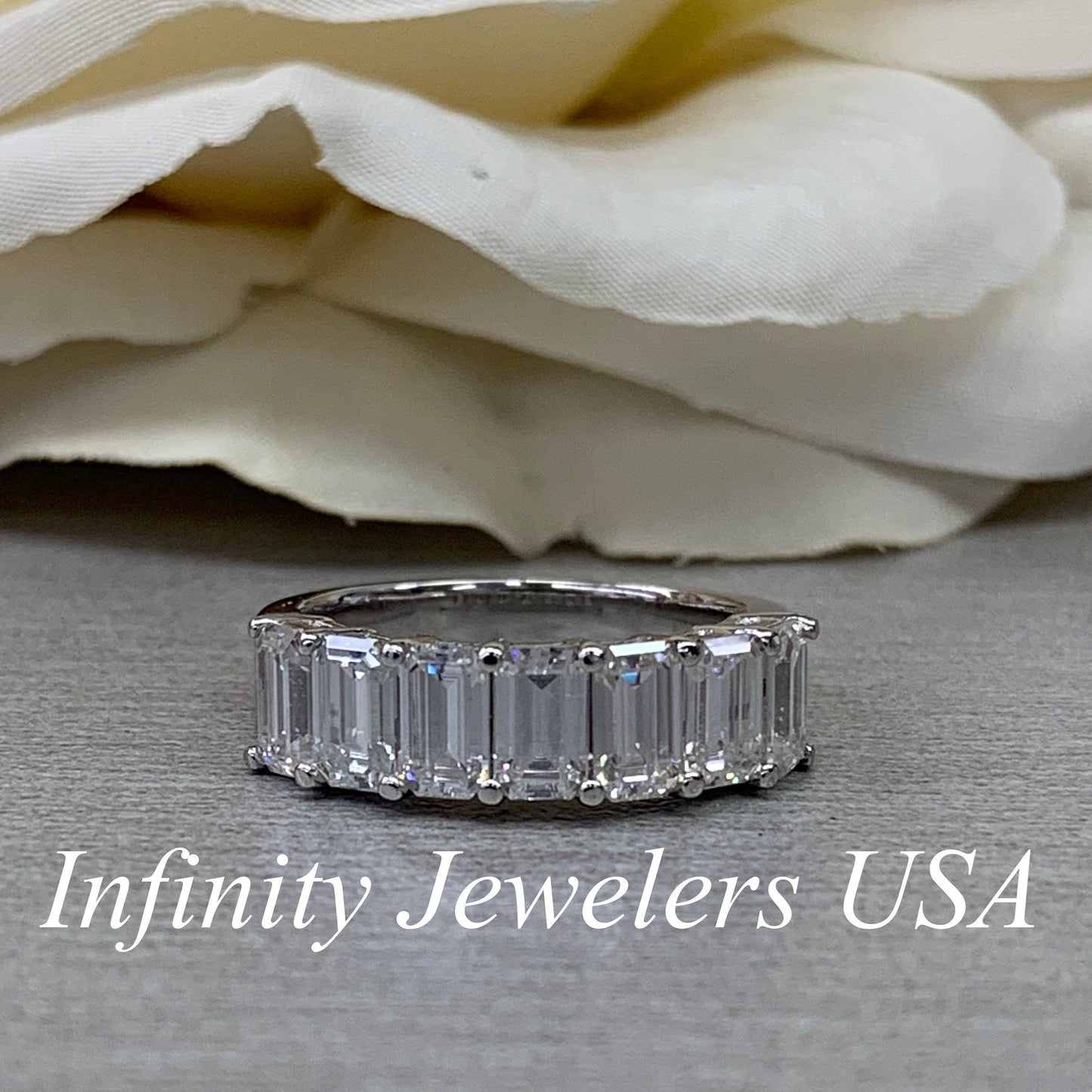 Emerald Cut Moissanite Wedding Band, Seven Stone Emerald Cut Moissanite Anniversary Band, 14k Gold Emerald Cut Moissanite Wedding Ring #5779
