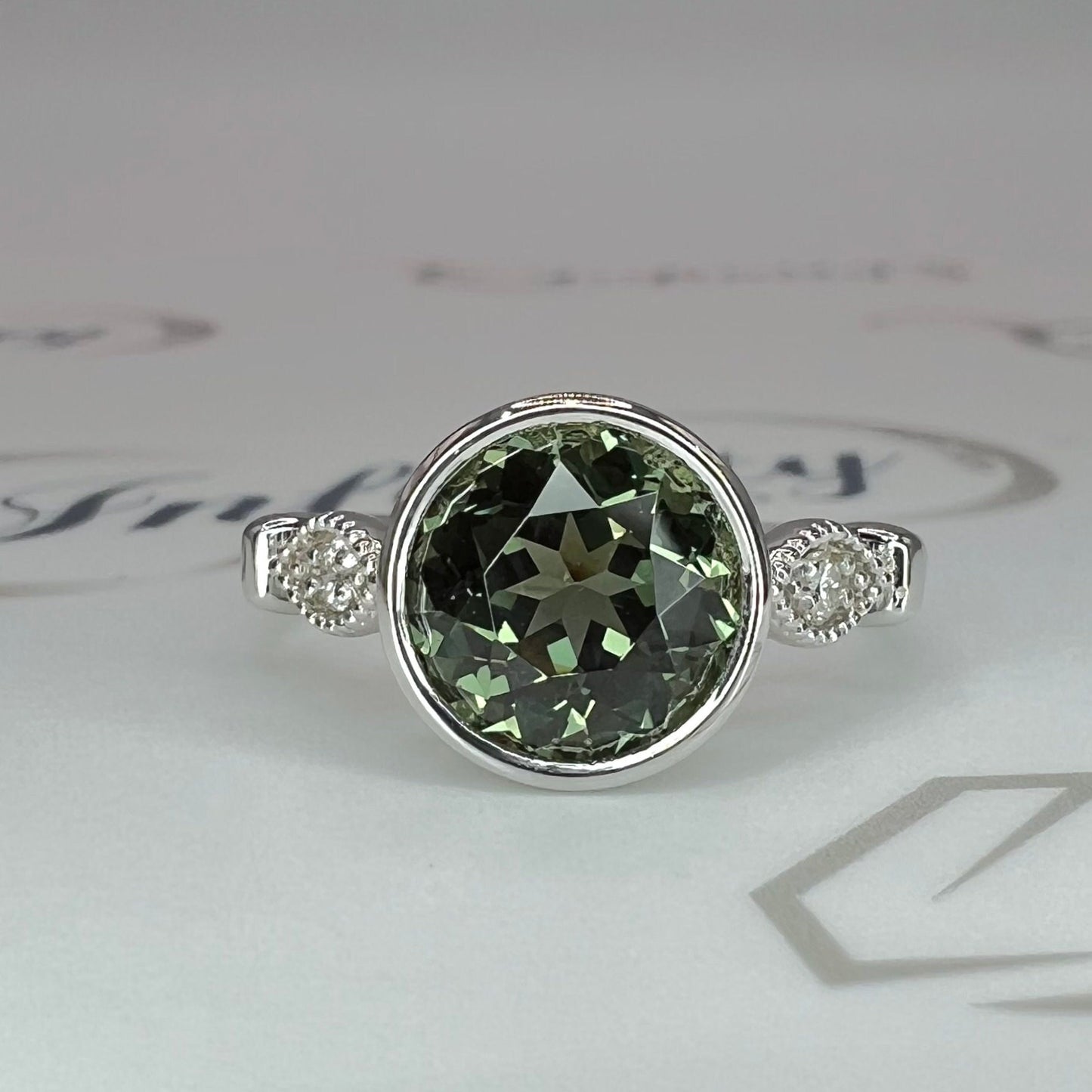 Round Olive Green Sapphire Bezel Set Engagement Ring 14K Yellow Gold Green Sapphire Ladies Ring Unique Vintage Sapphire Promise Ring  #7273