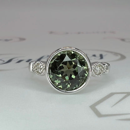 Round Olive Green Sapphire Bezel Set Engagement Ring 14K Yellow Gold Green Sapphire Ladies Ring Unique Vintage Sapphire Promise Ring  #7273