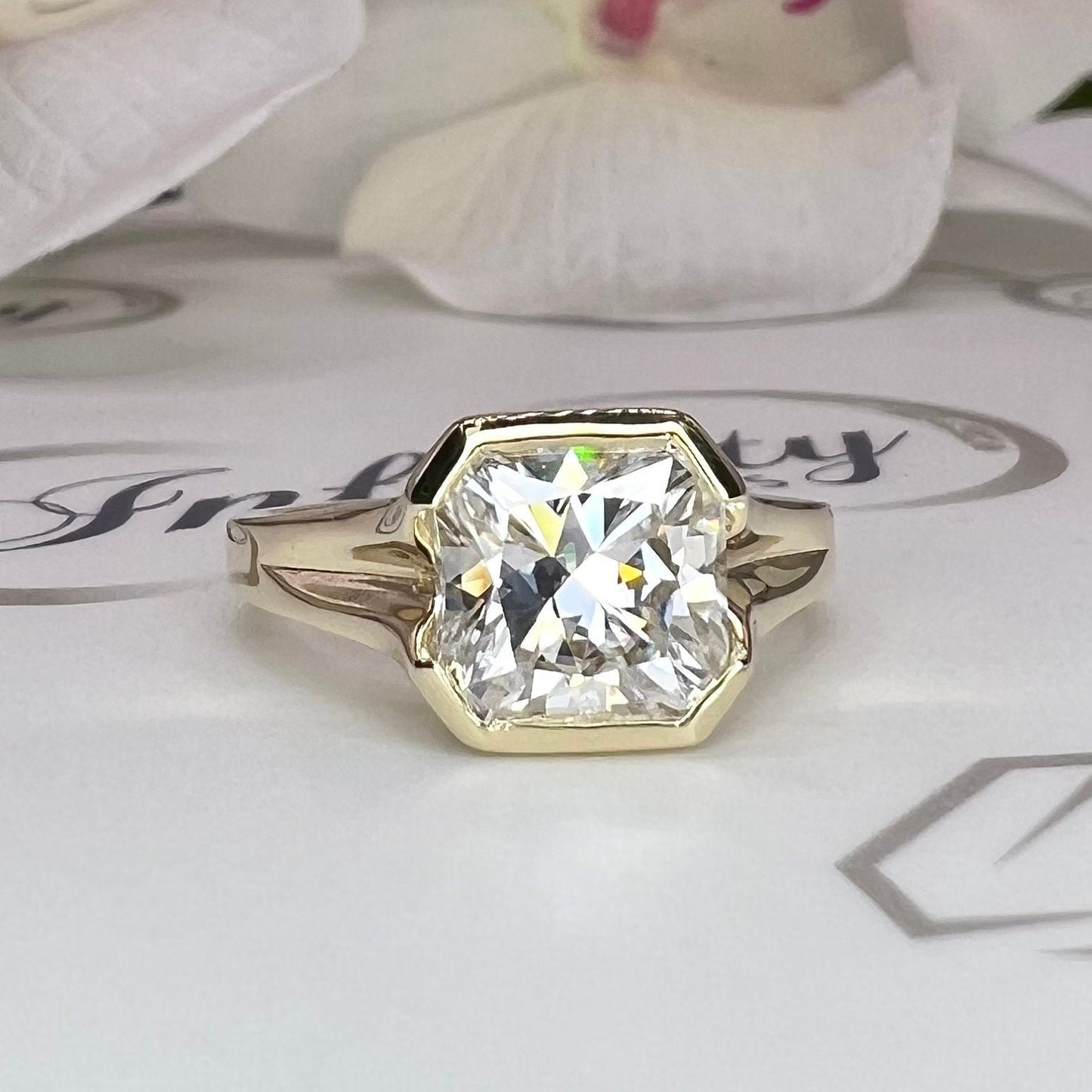 Radiant cut moissanite engagement ring 14k solid gold, bezel set moissanite solitaire wedding ring, Unique half bezel moissanite ring #7934