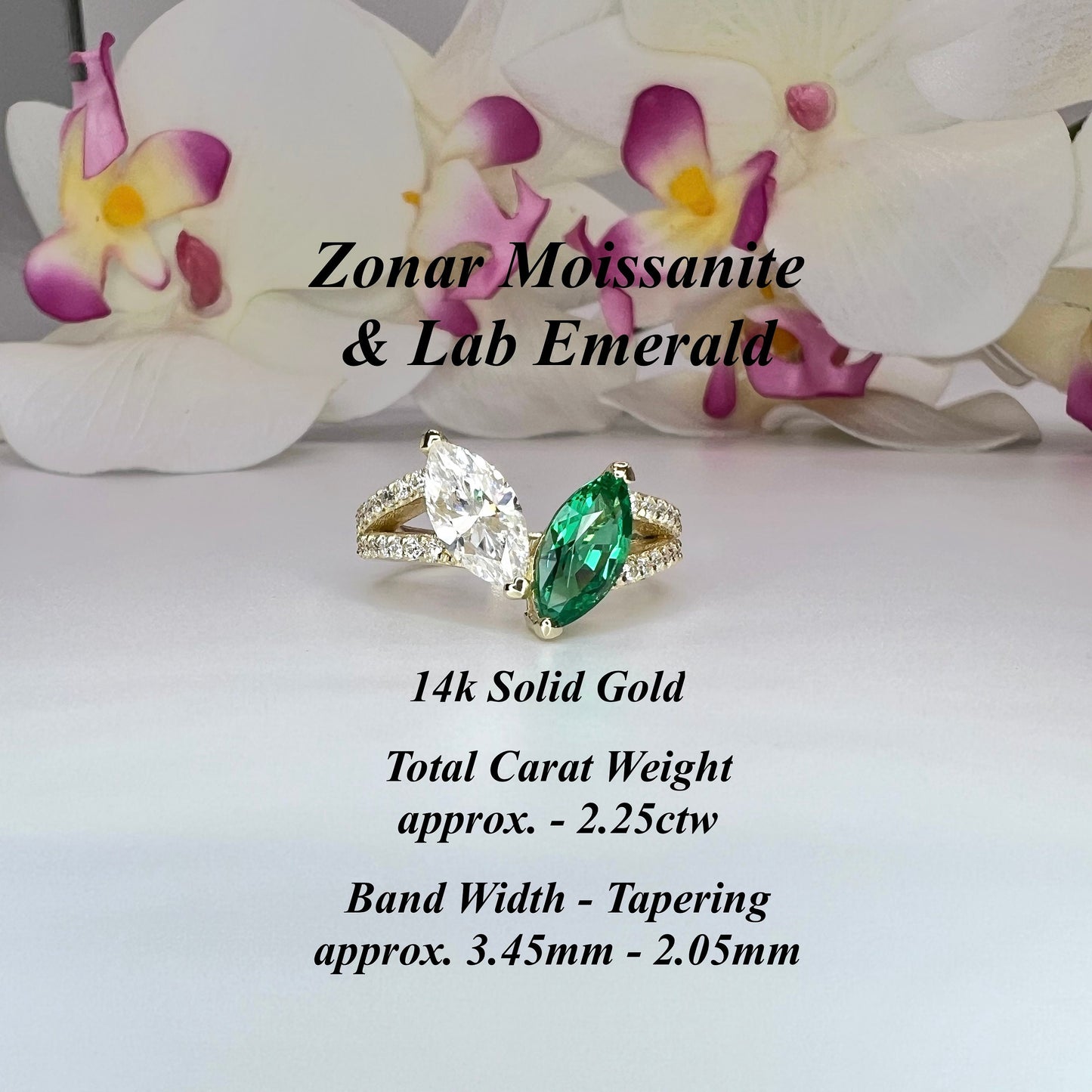Toi et Moi Ring, Two Stone Engagement Ring Birthstone Ring Emerald Marquis and Moissanite Unique Engagement Ring Anniversary Ring  Love Ring
