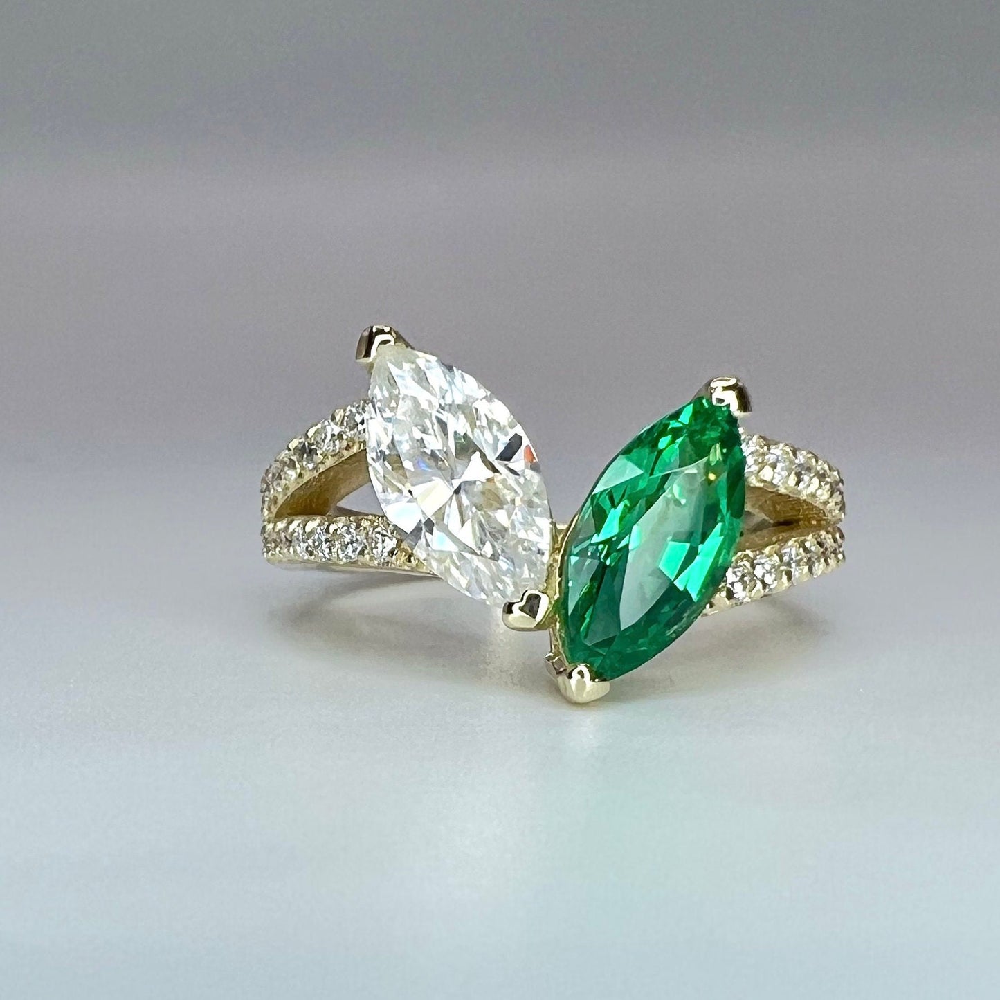 Toi et Moi Ring, Two Stone Engagement Ring Birthstone Ring Emerald Marquis and Moissanite Unique Engagement Ring Anniversary Ring  Love Ring